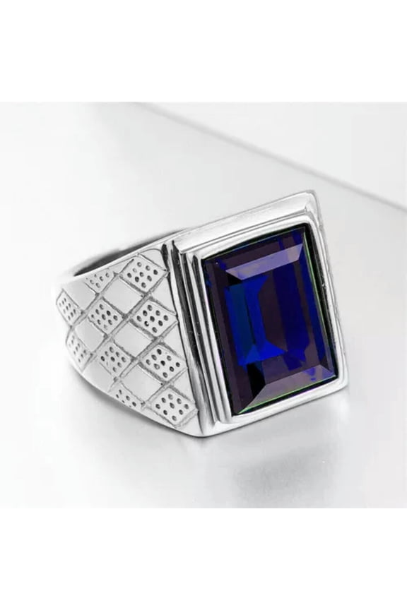Vintage Men's Blue Square CZ Wedding Ring Stainless Steel Classic Signet Ring-9