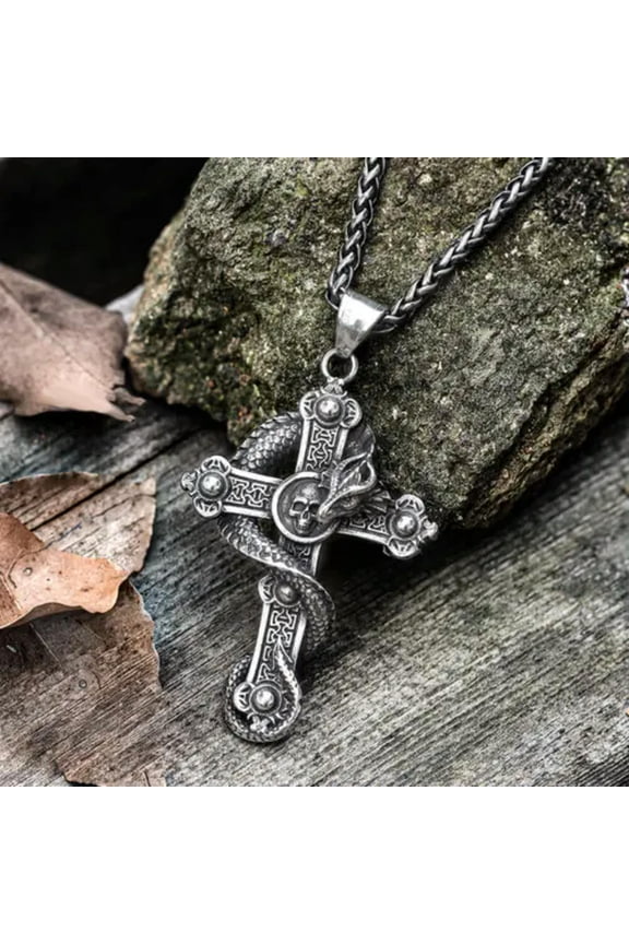 Vintage Men's Dragon Skull Cross Pendant Necklace Stainless Steel Chain Jewelry-default