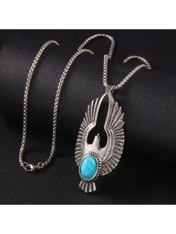 Vintage Men's Faux Turquoise Spread Wings Eagle Pendant Necklace Titanium Steel
