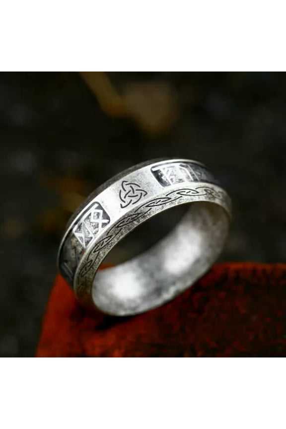 Vintage Nordic Viking Runes Wedding Band Ring Stainless Steel Men's Retro Ring-10