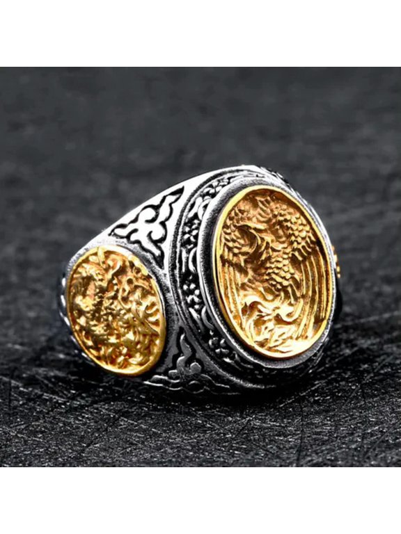 Vintage Phoenix Dragon Pattern Signet Ring Stainless Steel Tribal Lucky Men Ring-11