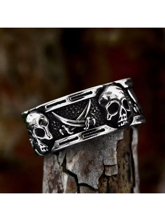 Vintage Pirate Cross Sword Skull Ring Stainless Steel Gothic Men's Skull Band-7