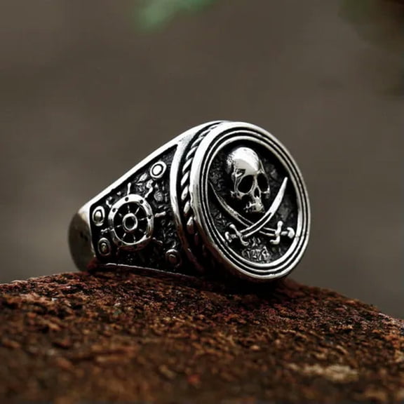 K-KED Vintage Pirate Cross Sword Skull Ring Stainless Steel Rudder Skull Men's Ring-13
