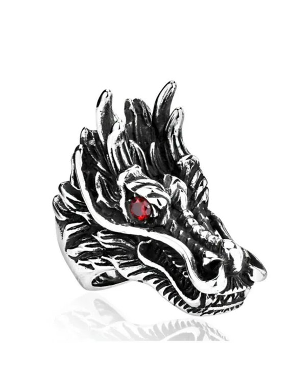 Vintage Red CZ Eye Dragon Head Ring Stainless Steel Gothic Men's Biker Punk Ring-12