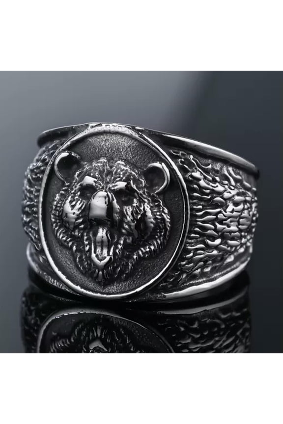 Vintage Roaring Bear Head Signet Ring Stainless Steel Men's Viking Amulet Ring-11