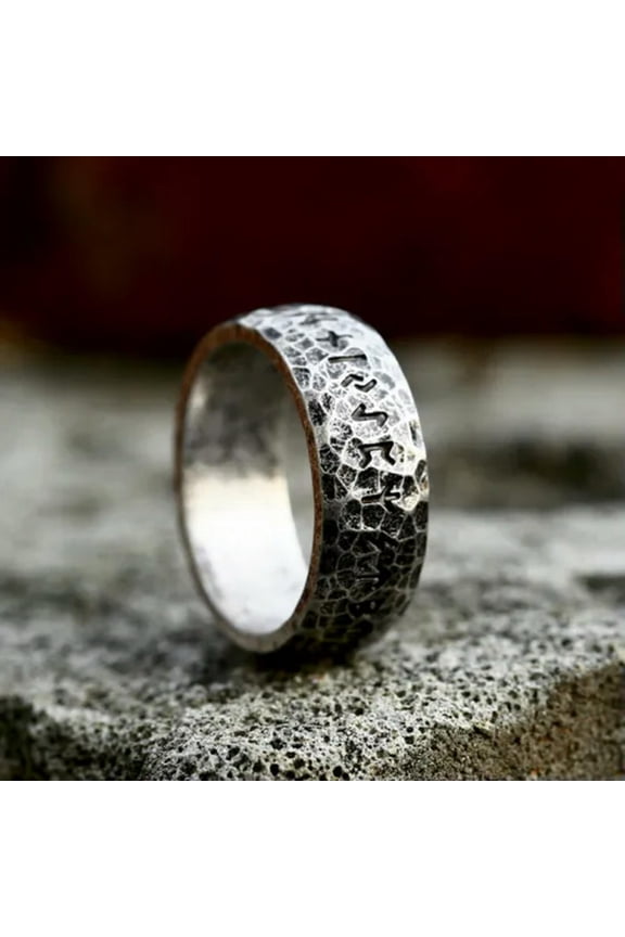 Vintage Rock Stone Style Wedding Ring Stainless Steel Men Women Runes Band Ring-10