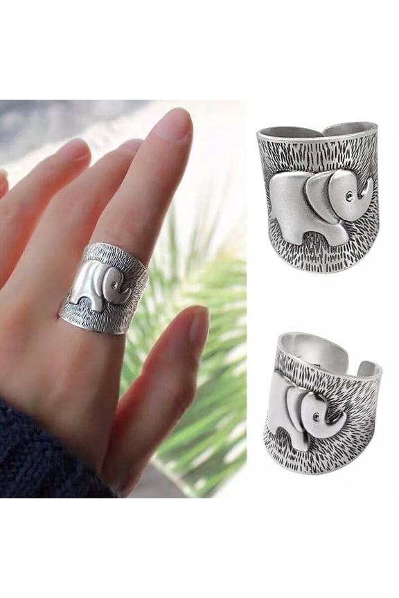 Vintage Silver Elephant Open Ring Women Boho Delicate Jewelry Wide Band Party Rings Gift
