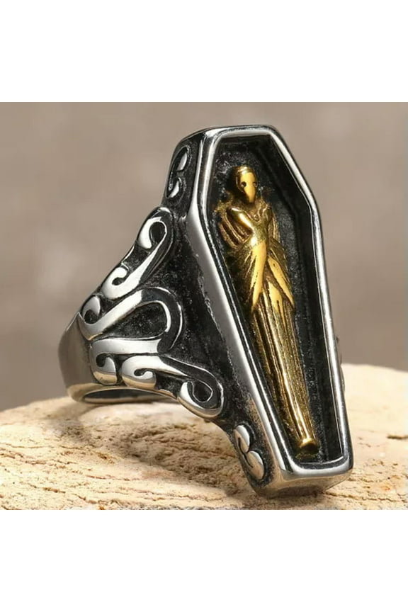 Vintage Silver Gold Vampire Coffin Mummy Ring Stainless Steel Gothic Skull Ring-11
