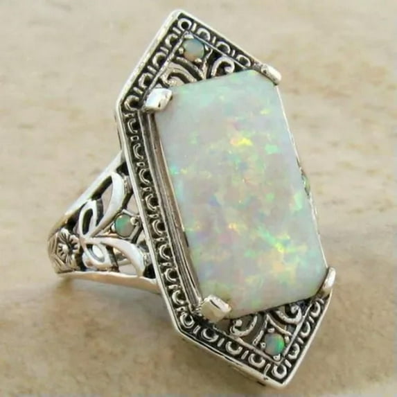 K-KED Vintage Silver White Fire Opal Ring Women Wedding Proposal Delicate Jewelry Gift Size6-10-8-02#