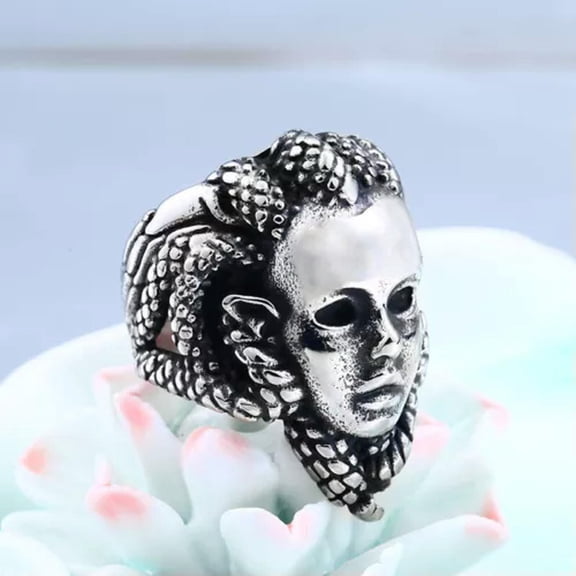 K-KED Vintage Snake Hair God Medusa Ring Stainless Steel Gothic Men's Biker Punk Ring-11