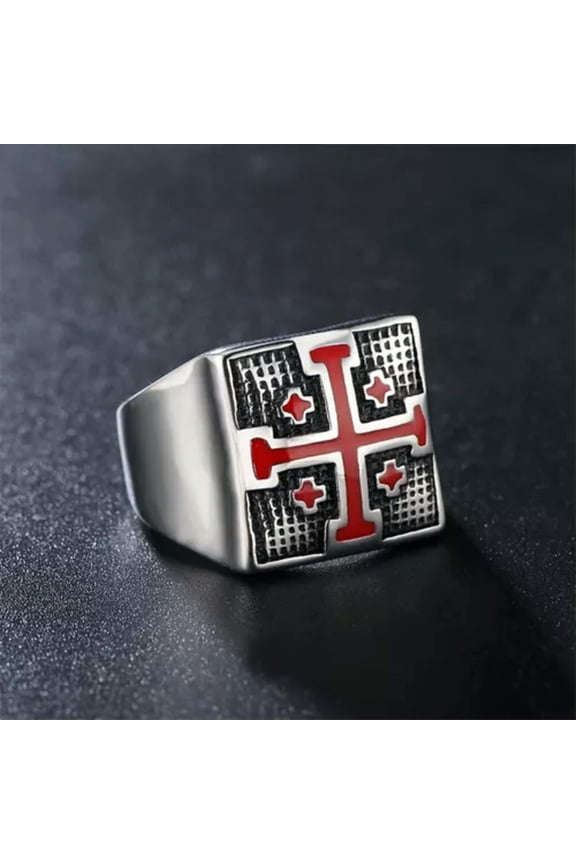 Vintage Temple Crusader Cross Ring Stainless Steel Red Cross Signet Biker Ring-7
