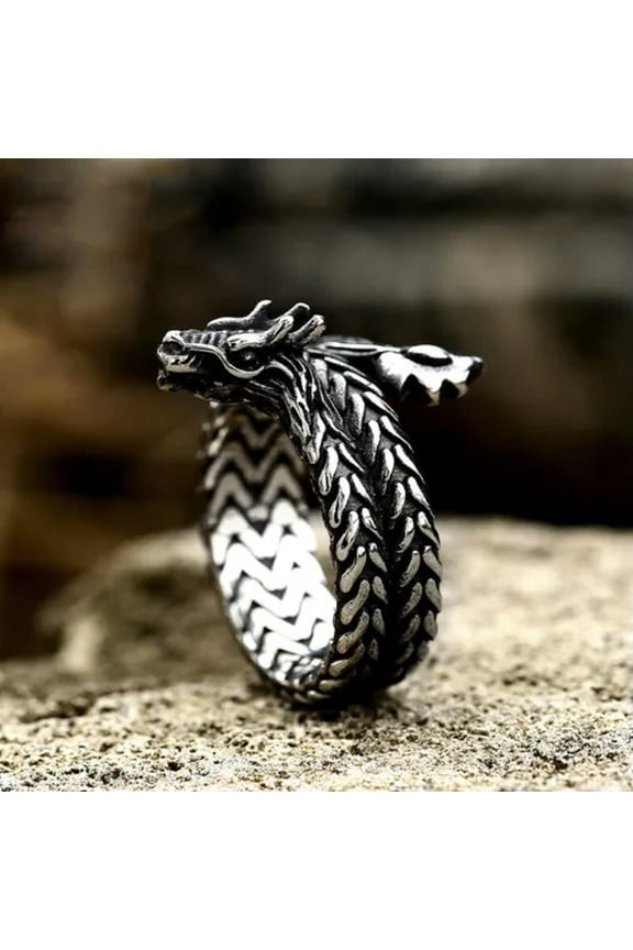 Vintage Tribal Dragon Ring Stainless Steel Men's Twine Dragon Biker Punk Ring-8