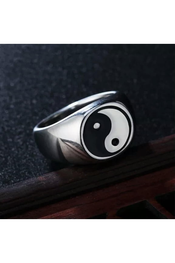 Vintage Tribal Ying Yang Tai Chi Pattern Ring Stainless Steel Punk Biker Ring-12-Silver