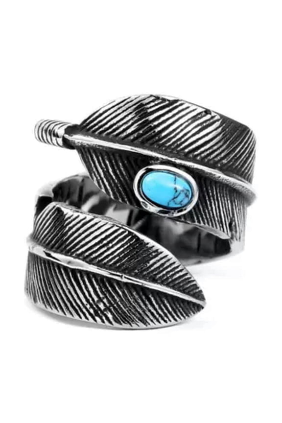 Vintage Turquoise Inlay Feather Ring Stainless Steel Men's Biker Punk Band Ring-9