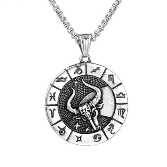 K-KED Vintage Twelve Constellations Stainless Steel Pendant Round Label Necklace-Taurus