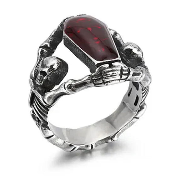 K-KED Vintage Vampire Blood Coffin Skull Ring Stainless Steel Men Rings Biker Jewelry-7-Silver