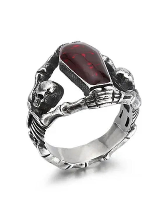 Vintage Vampire Blood Coffin Skull Ring Stainless Steel Men Rings Biker Jewelry-7-Silver