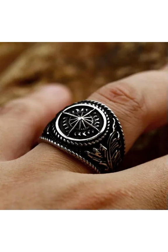 Vintage Viking Compass Star Ring Stainless Steel Explorer Compass Biker Ring-8