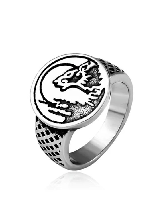 Vintage Viking Ice Wolf Signet Ring Stainless Steel Men's Round Biker Punk Ring-13