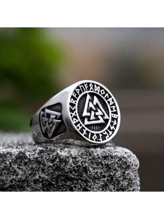 Vintage Viking Runes Valknut Stamp Ring Stainless Steel Men's Retro Signet Ring-13