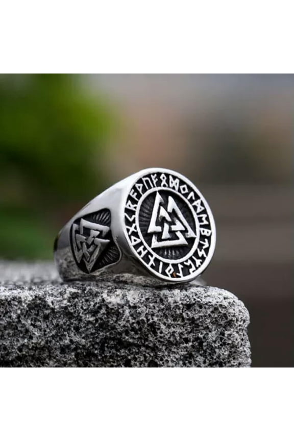 Vintage Viking Runes Valknut Stamp Ring Stainless Steel Men's Retro Signet Ring-8