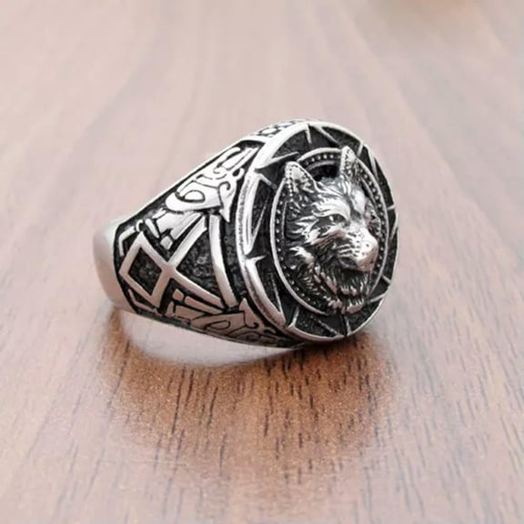 K-KED Vintage Viking Wolf Head Ring Stainless Steel Tribal Totem Men's Biker Punk Ring-8