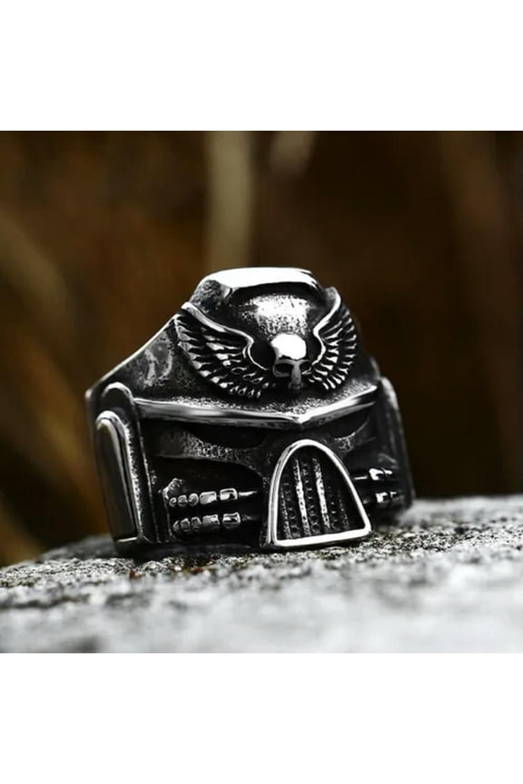 Vintage Wings Skull Robot Helmet Ring Stainless Steel Men's Gothic Biker Ring-12