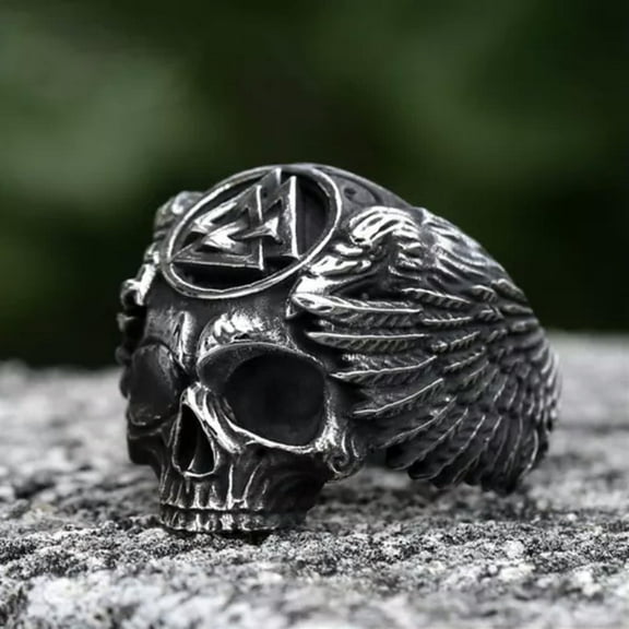 K-KED Vintage Wings Valknut Skull Ring Stainless Steel Men's Viking Skull Biker Ring-9