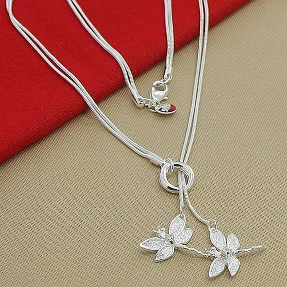 K-KED Whimsical Flight 925 Sterling Silver Two Dragonfly Pendant Necklace Snake Chain