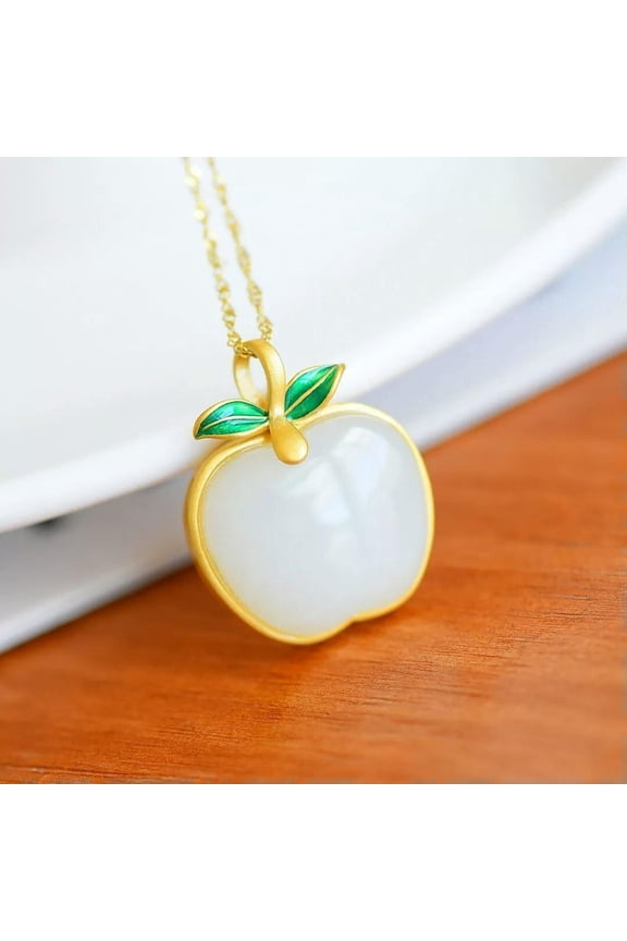 White Jade Apple Pendant Necklace Amulet Natural Delicate Jewelry Chalcedony 925 Silver