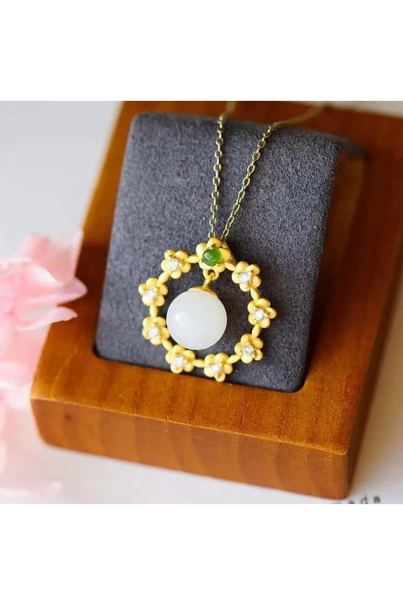White Jade Flower Pendant Delicate Jewelry Choker Natural 925 Silver Chalcedony Necklace