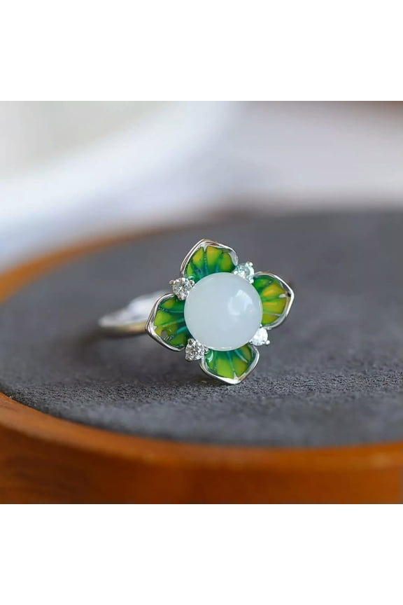 White Jade Flower Rings Amulet Natural Women Delicate Jewelry Adjustable Ring 925 Silver