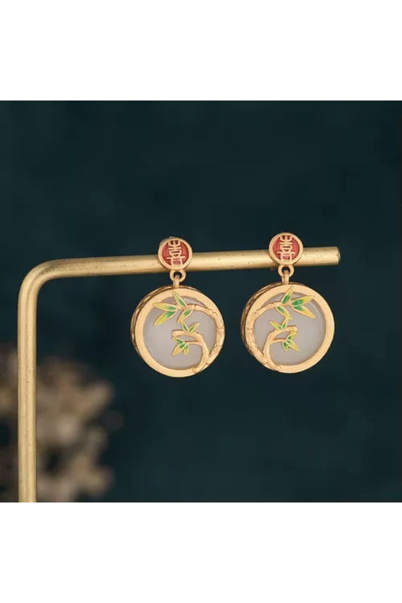 White Natural Jade Bamboo Earrings Ear Stud 18K Gold Plated Real Jewelry