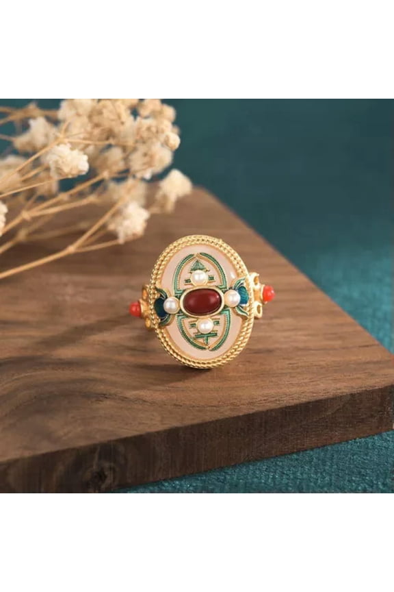 White Natural Jade Flower Rings 18K Gold Plated Adjustable Ring Real Jewelry