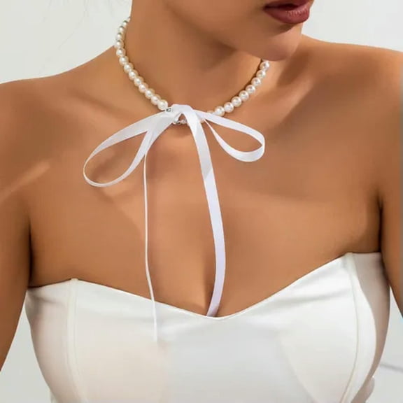 K-KED White Pearl White Ribbon Choker Twist Tie Necklace Statement Necklace