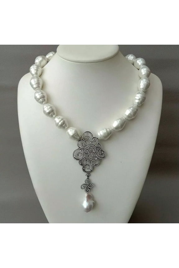 White Sea Shell Pearl Necklace White Keshi Pearl Propitious Cloud CZ Pendant 21"