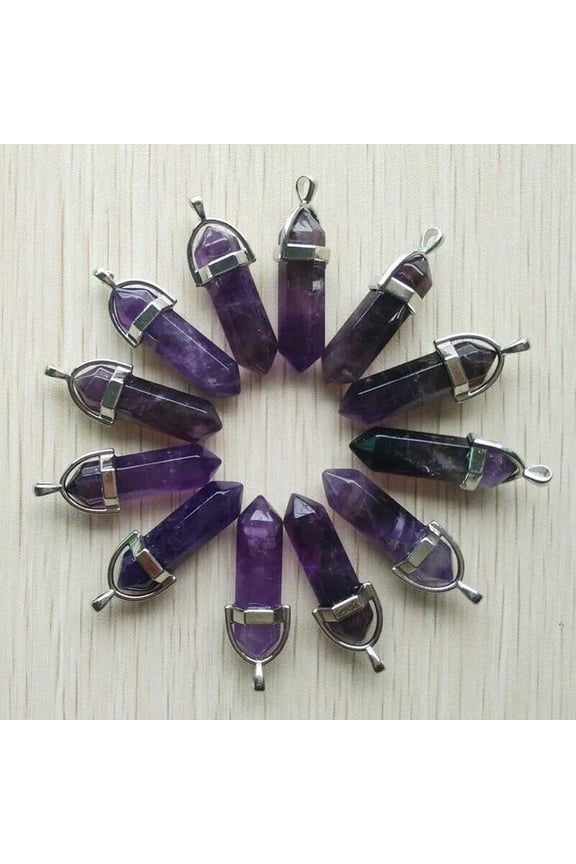 Wholesale 12pcs/lot Natural Amethyst Stone Pendulum Hexagonal Pendants 35x8x8mm