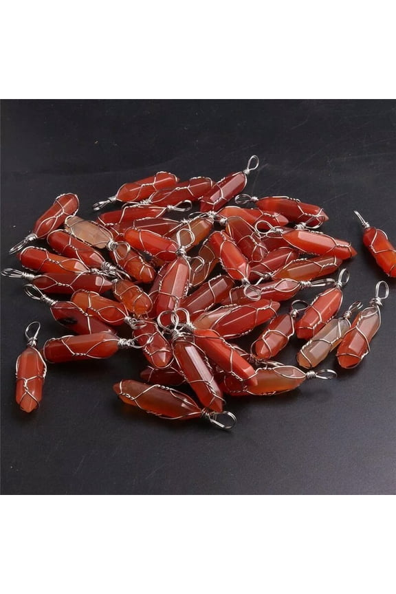 Wholesale 20pcs Natural Red Agate Pillar Handmade Silver Iron Wire Pendants