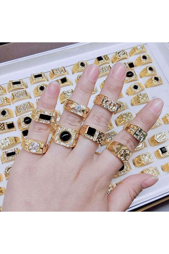 Wholesale 24pcs Lots Rhinestone Gold Plated Men's Big Fashion Rings