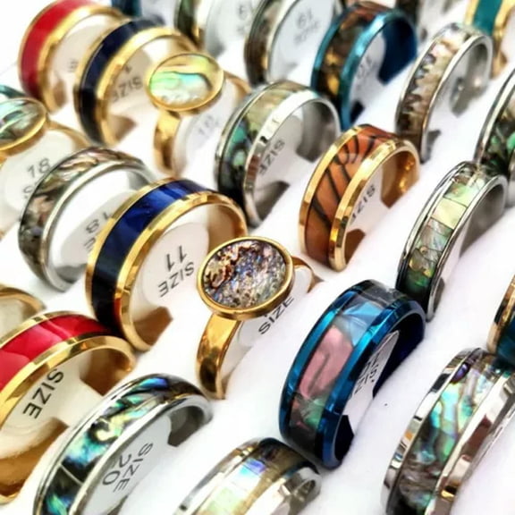 K-KED Wholesale 50pcs Assorted Mix Shell Inlayed Vintage 6mm 8mm Men Women Ring