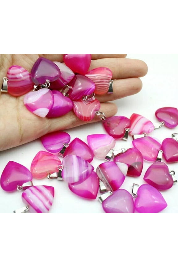 Wholesale 50pcs Rose Red Stripe Agate Heart Shape Charms Pendants Delicate Jewelry 20mm