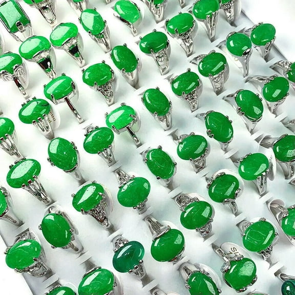 K-KED Wholesale Delicate Jewelry 100Pcs Natural Stone Malay Jade Gemstone Silver Plated Rings