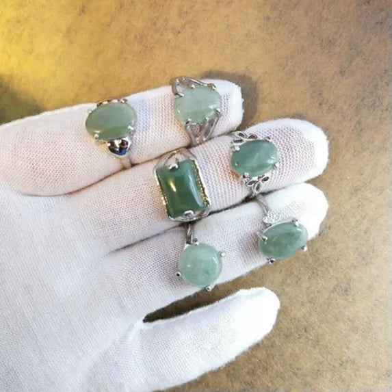K-KED Wholesale Delicate Jewelry Women's Natural Stone Silver Plated Rings Size16-21mm 12-100pc-12pcs Green Aventurine