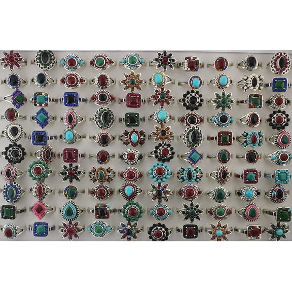 K-KED Wholesale Job Lots 32pcs Silver Plated Assorted Mixed Full Resin Classic Rings