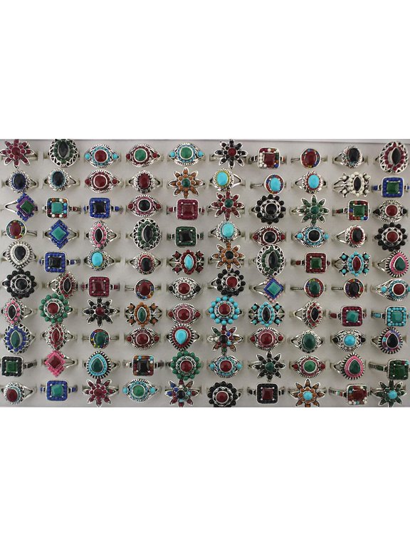 Wholesale Job Lots 32pcs Silver Plated Assorted Mixed Full Resin Classic Rings