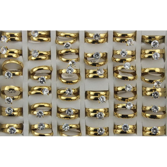 K-KED Wholesale Lots 32Sets Gold P Stainless Steel Cubic Zirconia 2 In 1 Fashion Rings
