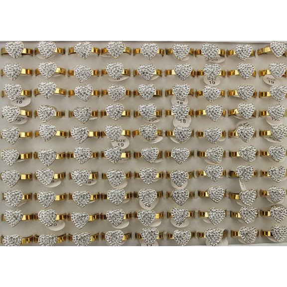 K-KED Wholesale Lots 32pcs Fashion Heart Design Filled Rhinestone Stainless Steel Ring