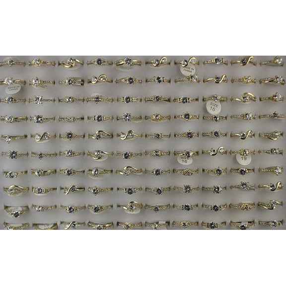 K-KED Wholesale Lots 32pcs Gold P Cute Clear Cubic Zirconia Rhinestone Wedding Rings