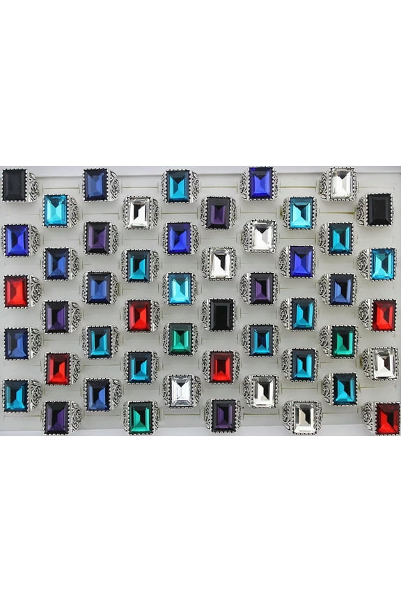 Wholesale Lots 32pcs Mens Alloy Mixed Color Big Rectangle Glass Fashion Rings