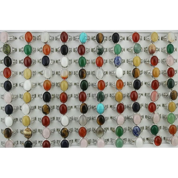 K-KED Wholesale Lots 32pcs Mixed Color Fashion Delicate Jewelry Natural Stone Silver P Rings